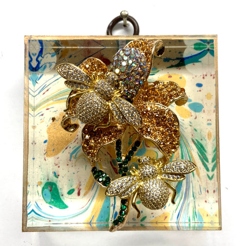 Marbled Paper backed Acrylic Frame with Sparkle Bees on Brooch / Slight Imperfections (2.75