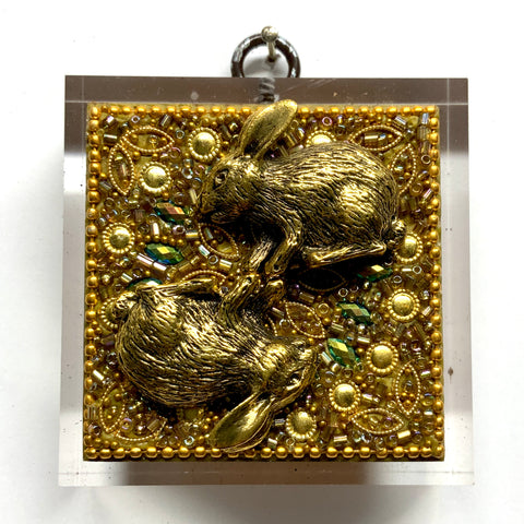 Acrylic Frame with Bunnies on Gold Beaded Block / Slight Imperfections (2.75