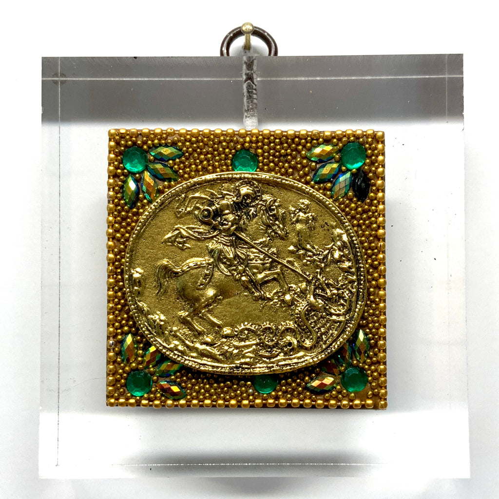 Lucite Acrylic Frame with Saint George and the Dragon on Beaded Block: Slight Imperfections (3.75” wide)