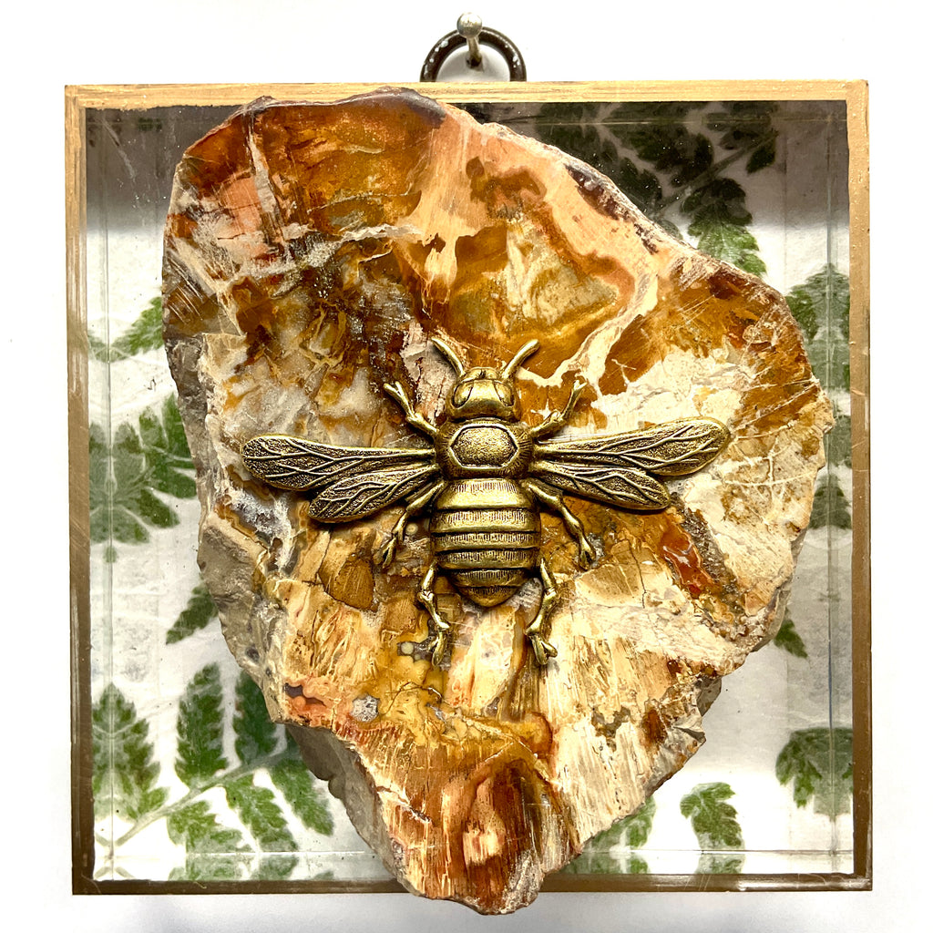 Acrylic Frame with Italian Bee and Petrified Wood on Mulberry Paper / Slight Imperfections (4