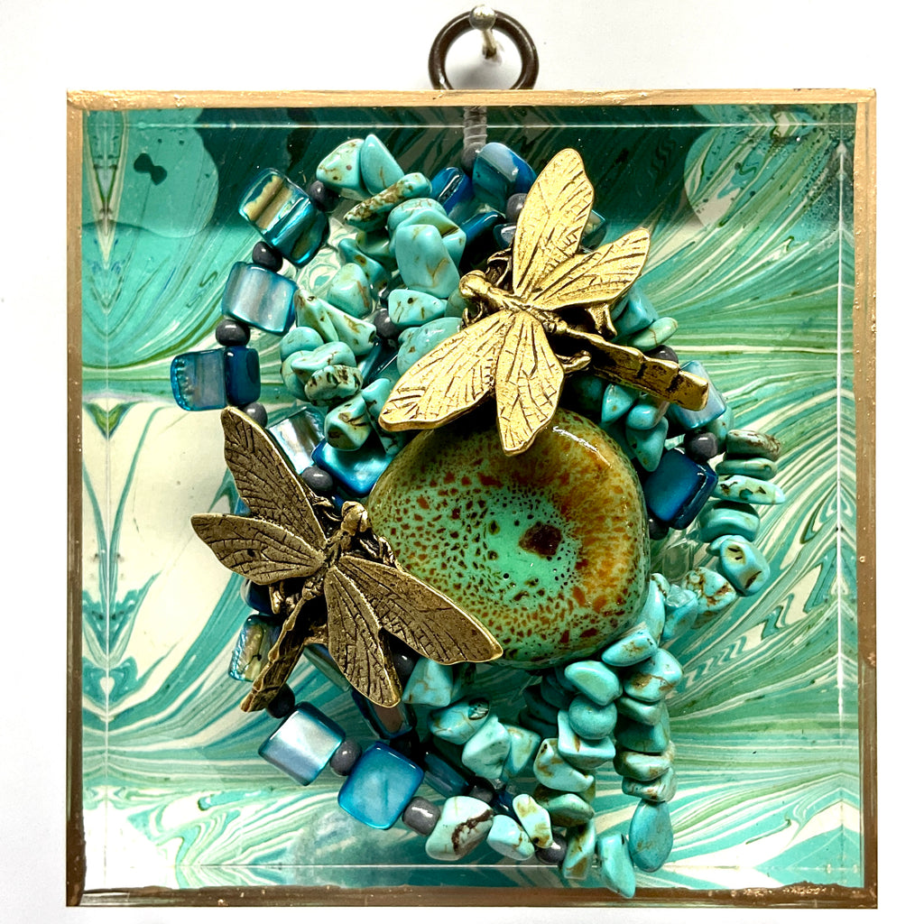 Acrylic Frame with Dragonflies and Necklace on Marbled Paper / Slight Imperfections (4