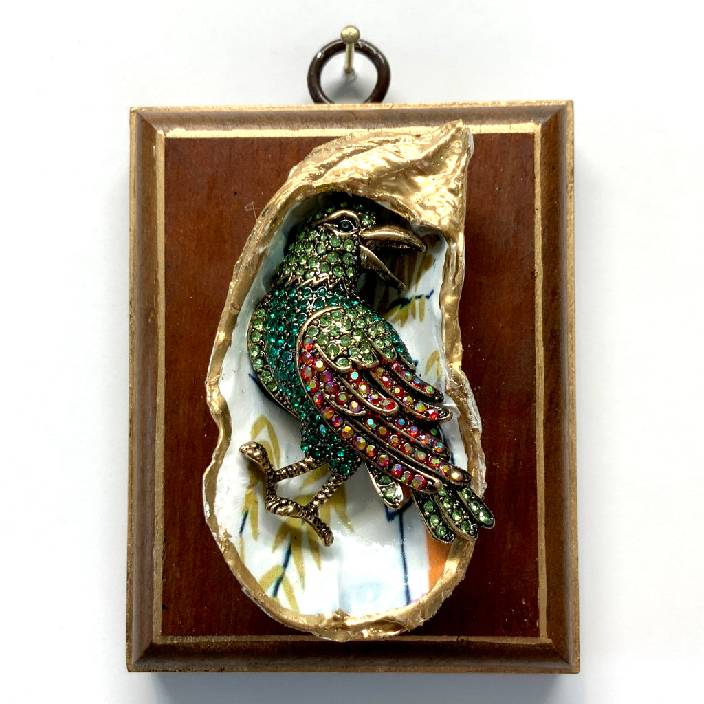 Mahogany Frame with Sparkle Bird on Oyster Shell (3” wide)