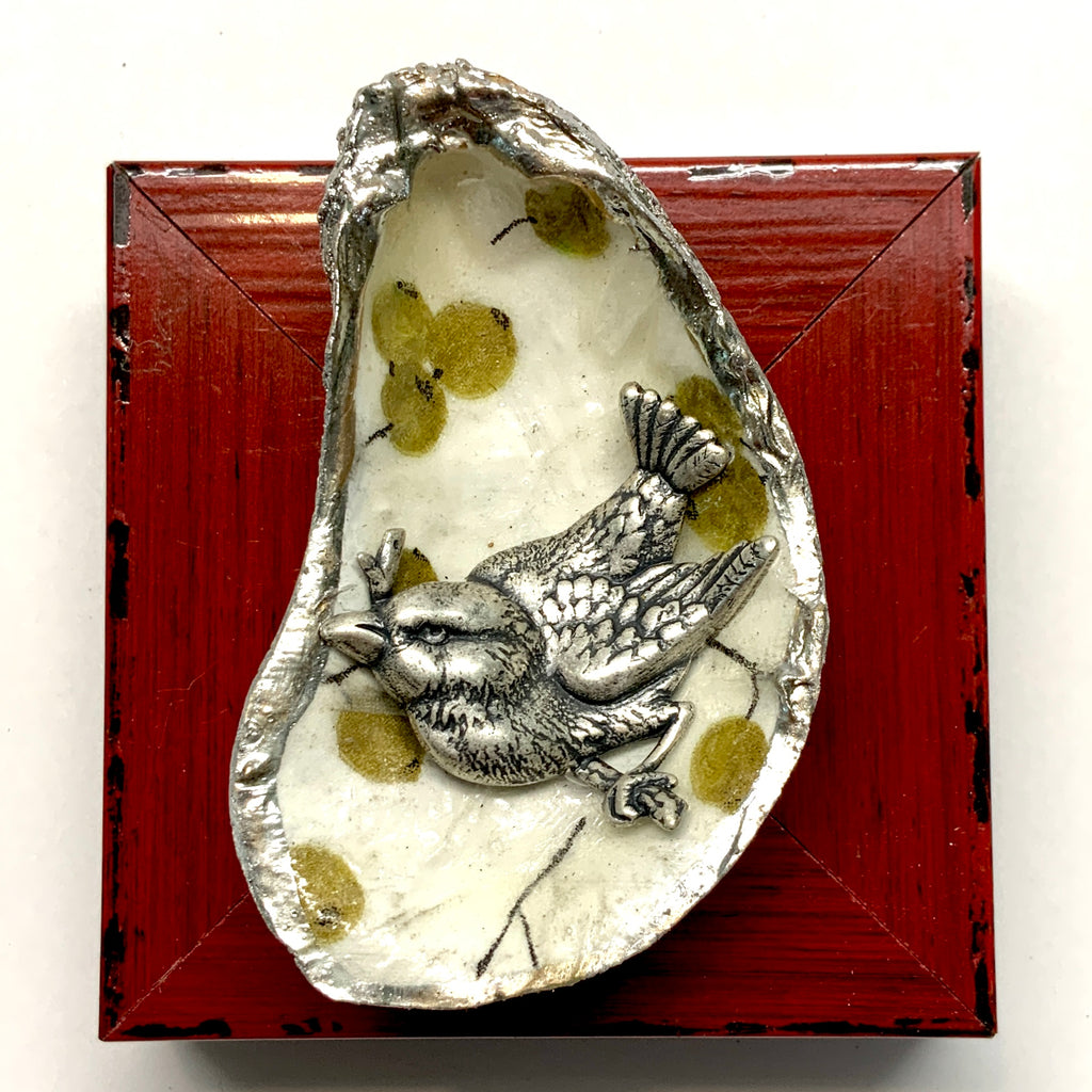 Modern Lacquered Frame with Bird on Oyster Shell (2.75” wide)