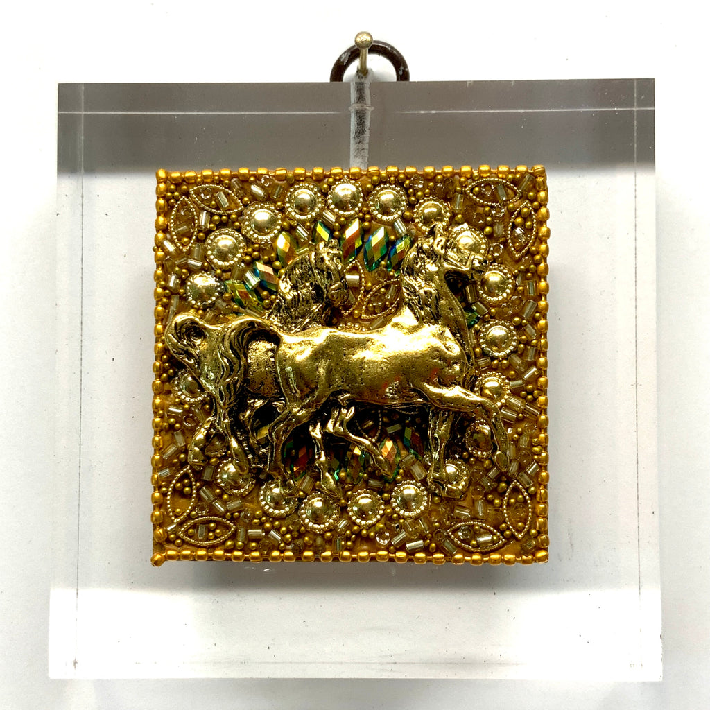 Lucite Acrylic Frame with Horses on Beaded Block/ Slight Imperfections (3.75” wide)