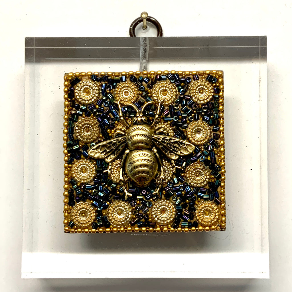 Lucite Acrylic Frame with Grande Bee on Beaded Block/Slight Imperfections (3.75” wide)