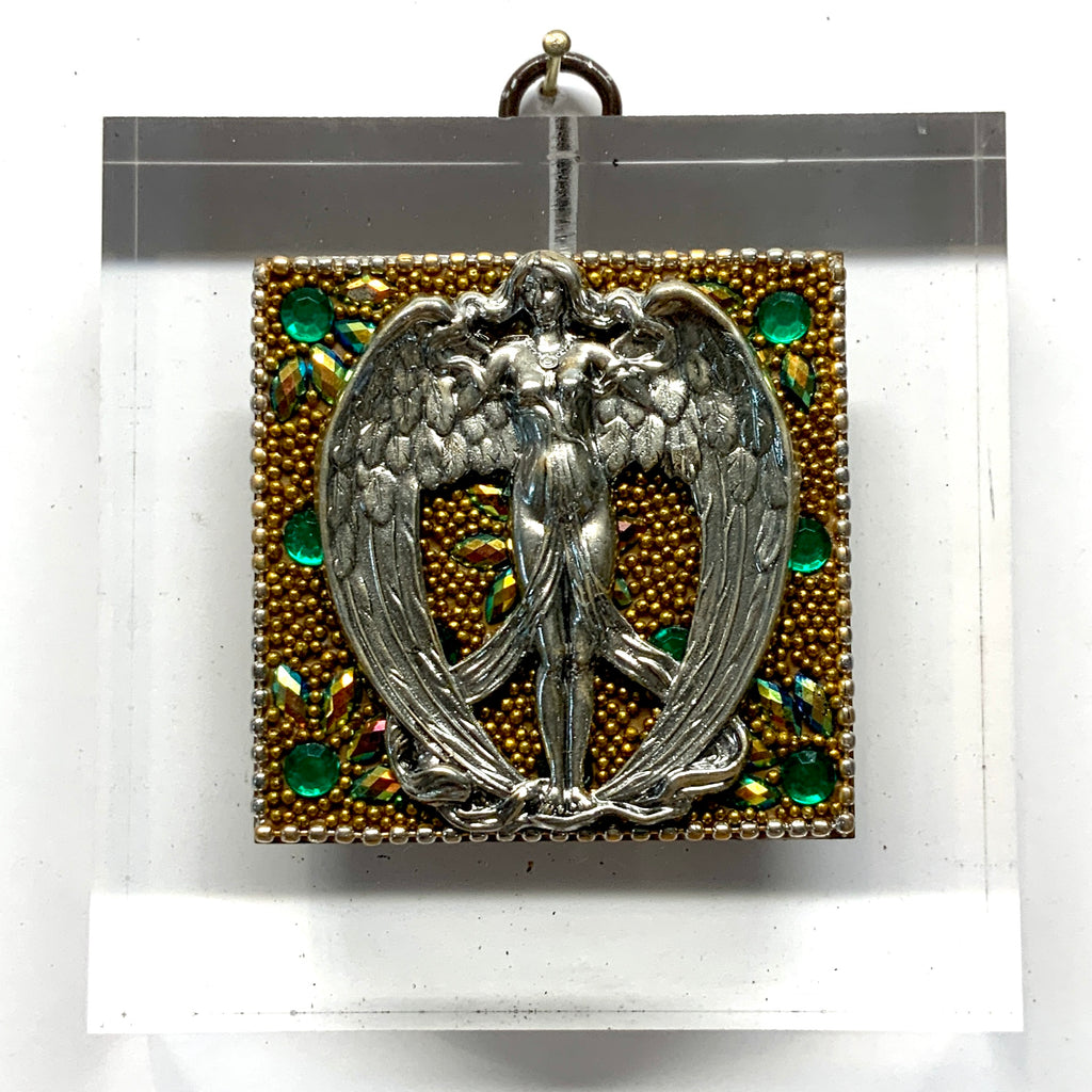 Lucite Acrylic Frame with Angel on Beaded Block / Slight Imperfections (3.75” wide)