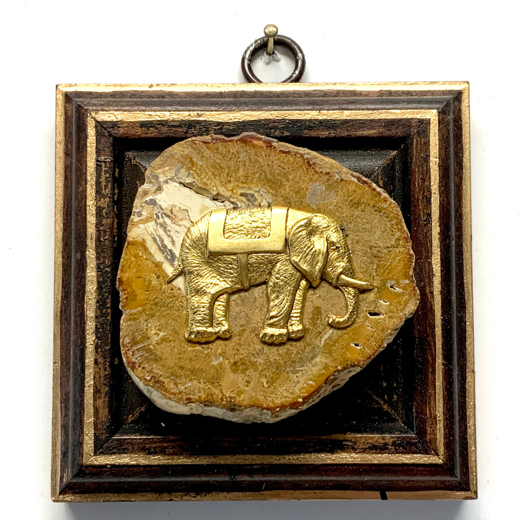Wooden Frame with Elephant on Petrified Wood Piece (3.5” wide)