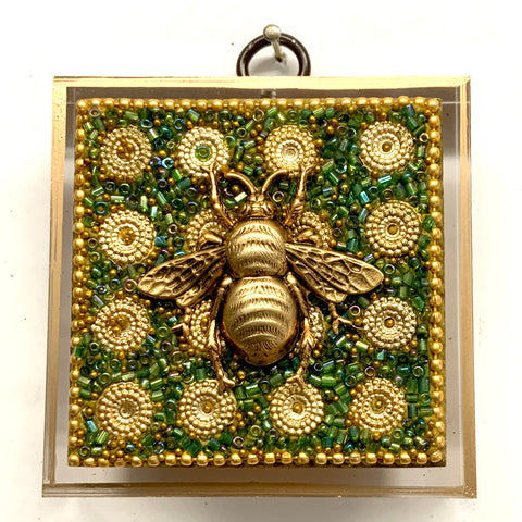 Lucite Frame with Grande Bee on Green Beaded Block / Slight Imperfections (3” wide)