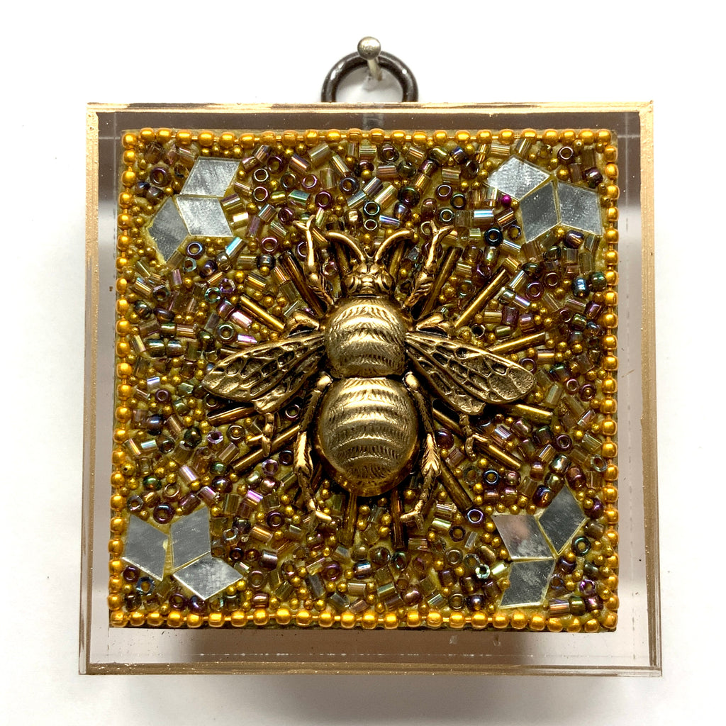 Lucite Acrylic Frame with Grande Bee on Beaded Block / Slight Imperfections (2.75” wide)