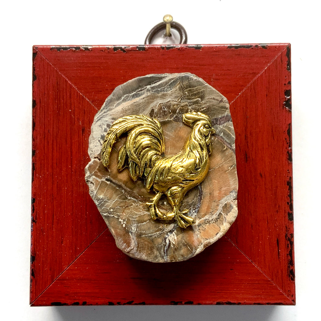 Modern Lacquered Frame with Rooster on Petrified Wood Piece (3” wide)