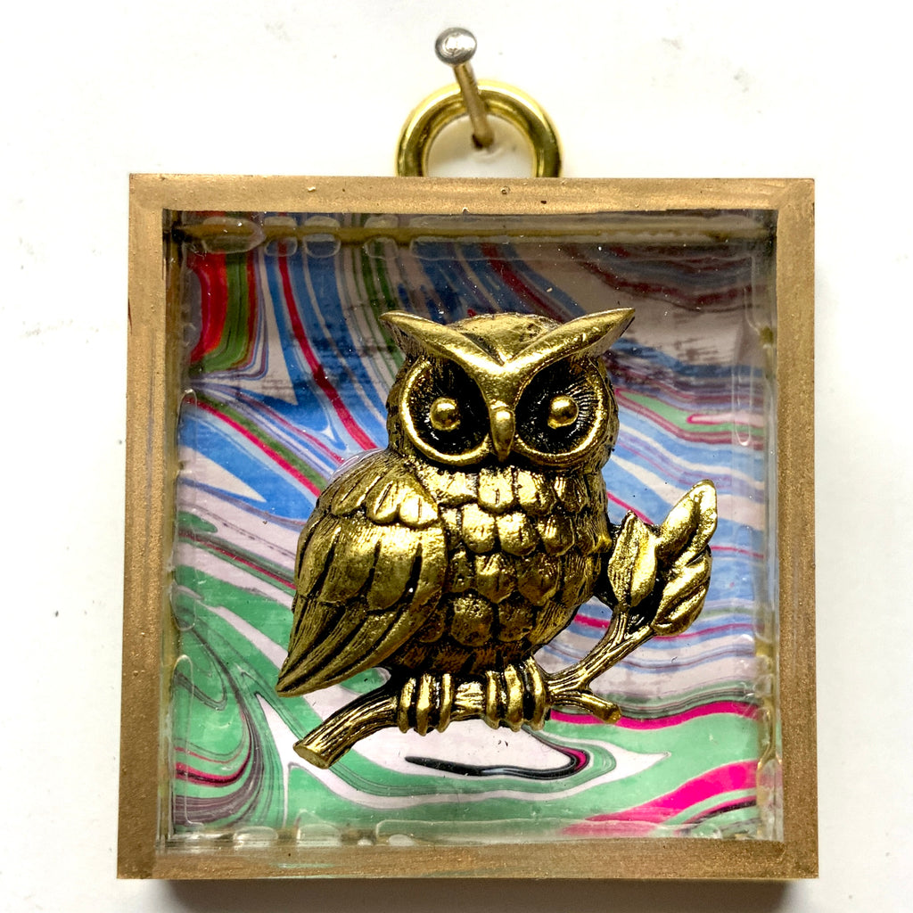 Acrylic Frame with Owl on Marbled Paper / Slight Imperfections (2