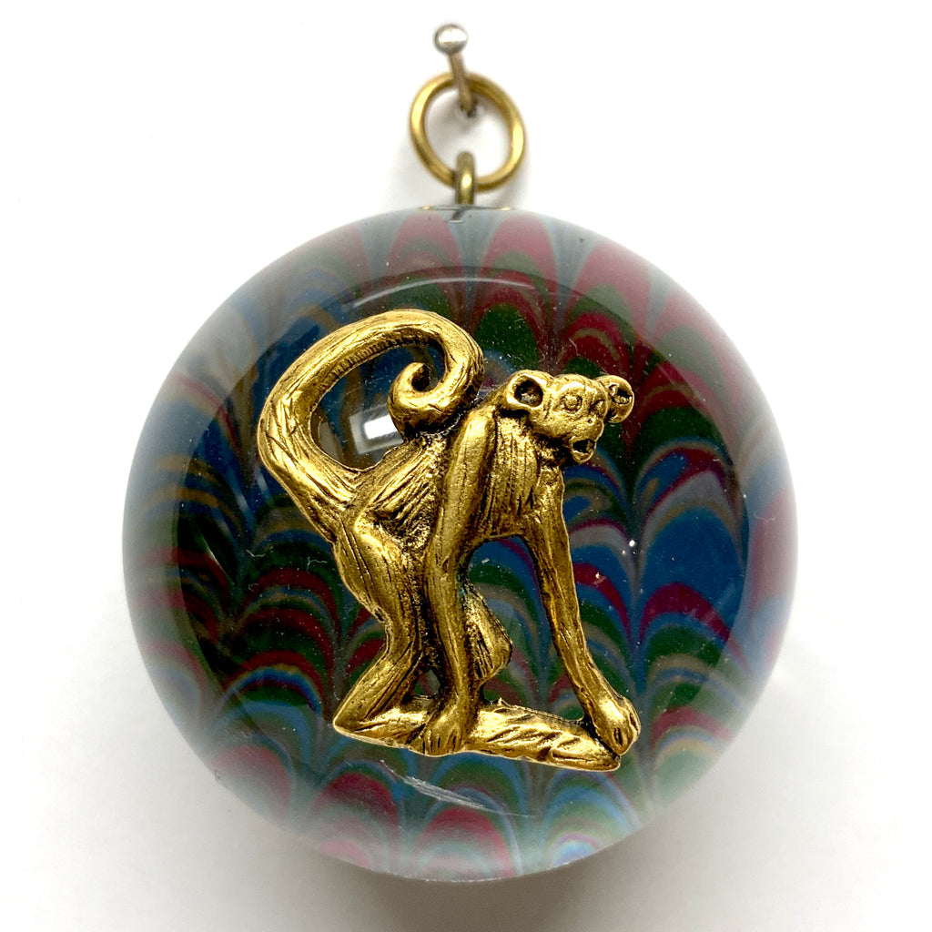 Acrylic Dome Frame with Monkey on Marbled Paper / Slight Imperfections (2.5