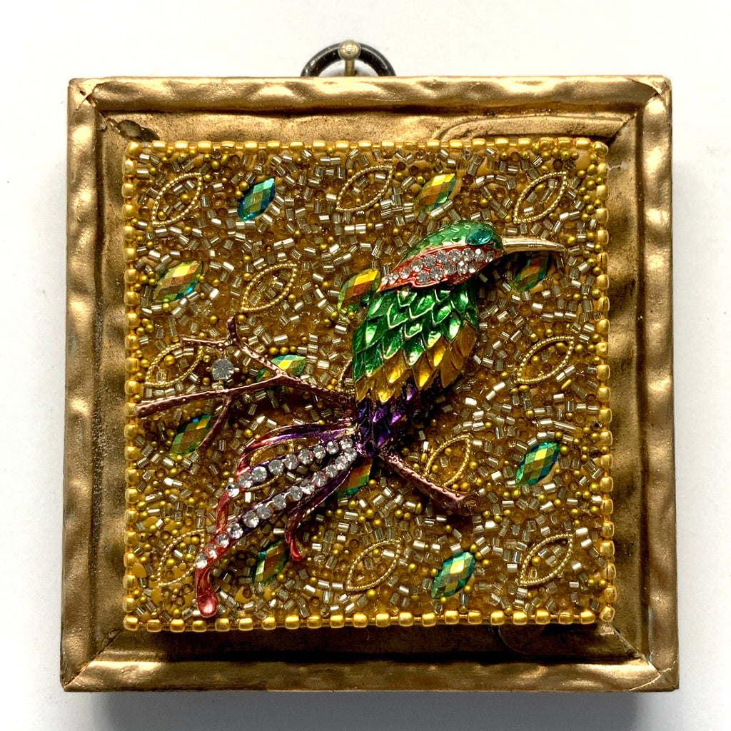 Gilt Frame with Sparkle Bird on Beaded Block (3.25” wide)
