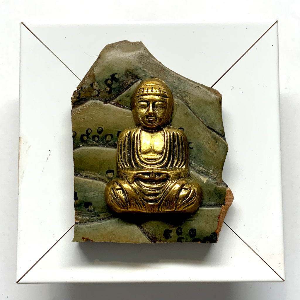 Modern Lacquered Frame with Buddha on Antique Jade (3” wide)