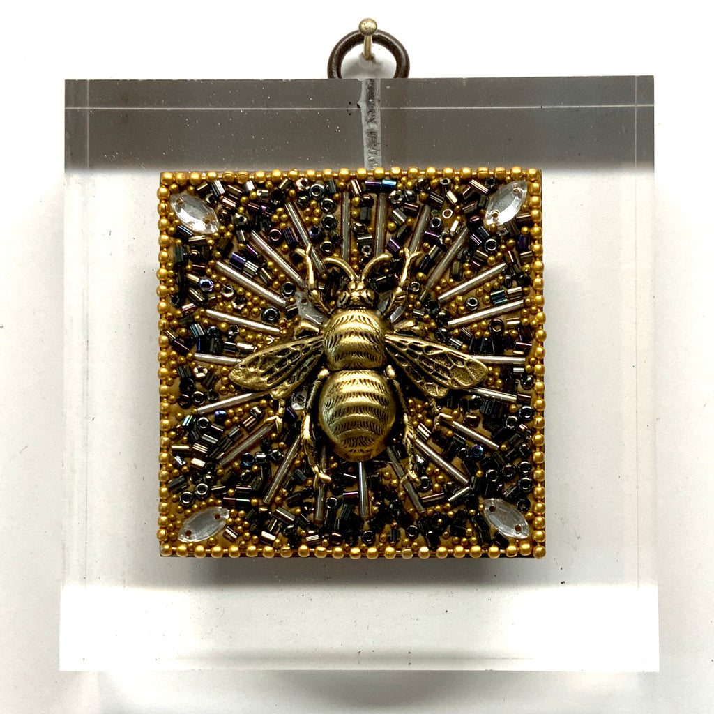 Lucite Acrylic Frame with Grande Bee on Beaded Block / Slight Imperfections (3.75” wide)