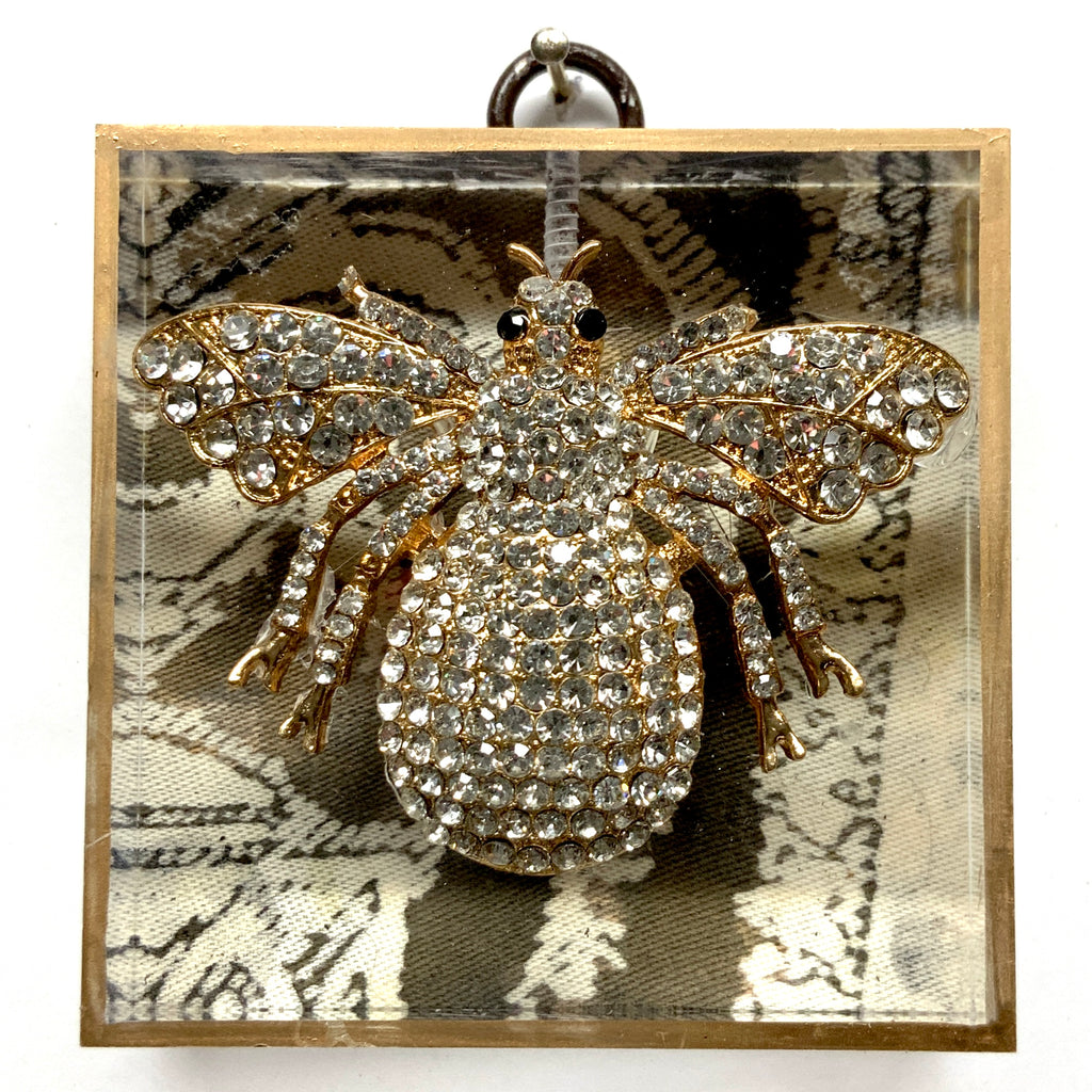 Acrylic Frame with Large Sparkle Bee on Fortuny Fabric / Slight Imperfections (3