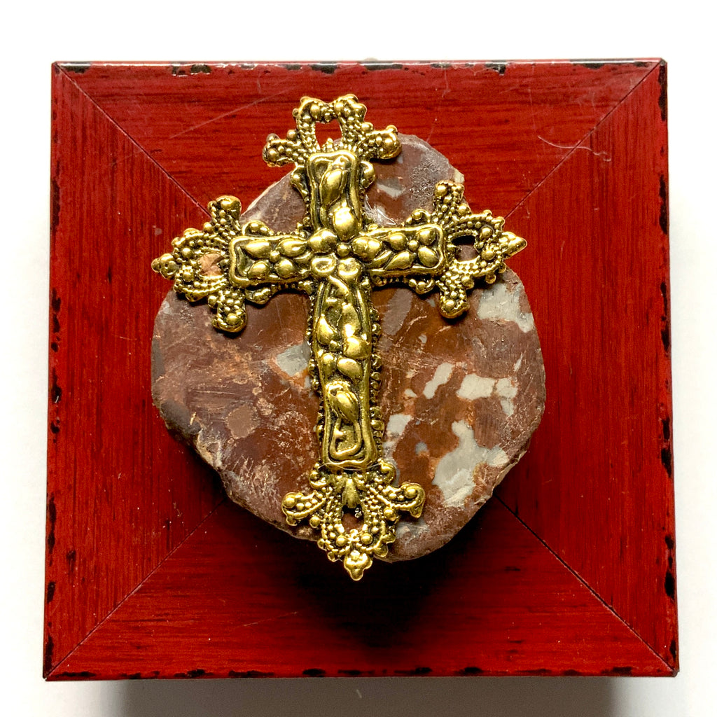 Modern Lacquered Frame with Cross on Petrified Wood Piece (3” wide)