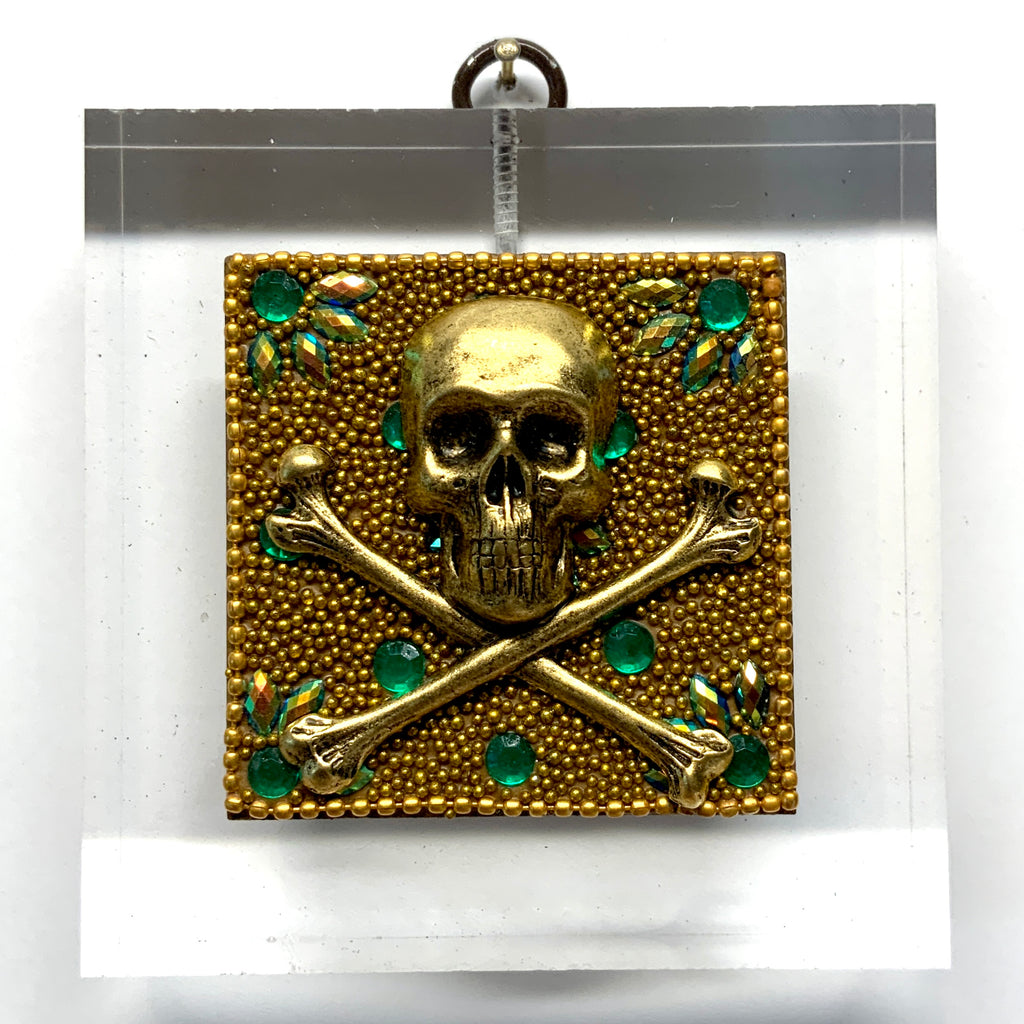 Lucite Acrylic Frame with Skull and Crossbones on Beaded Block / Slight Imperfections (3.75” wide)