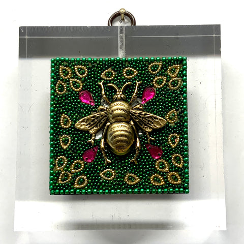 Lucite Acrylic Frame with Grande Bee on Beaded Block / Slight Imperfections (3.75” wide)