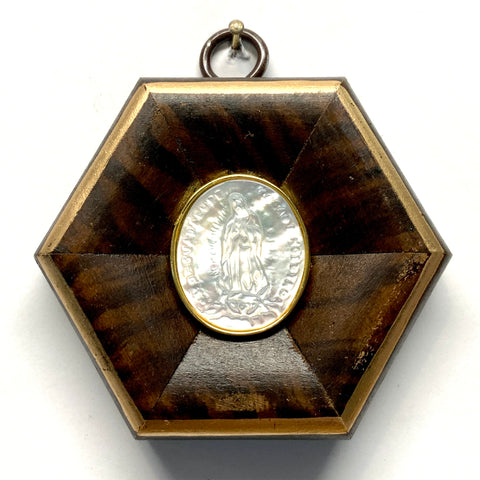 Burled Frame with Mother of Pearl Mary (3” wide)