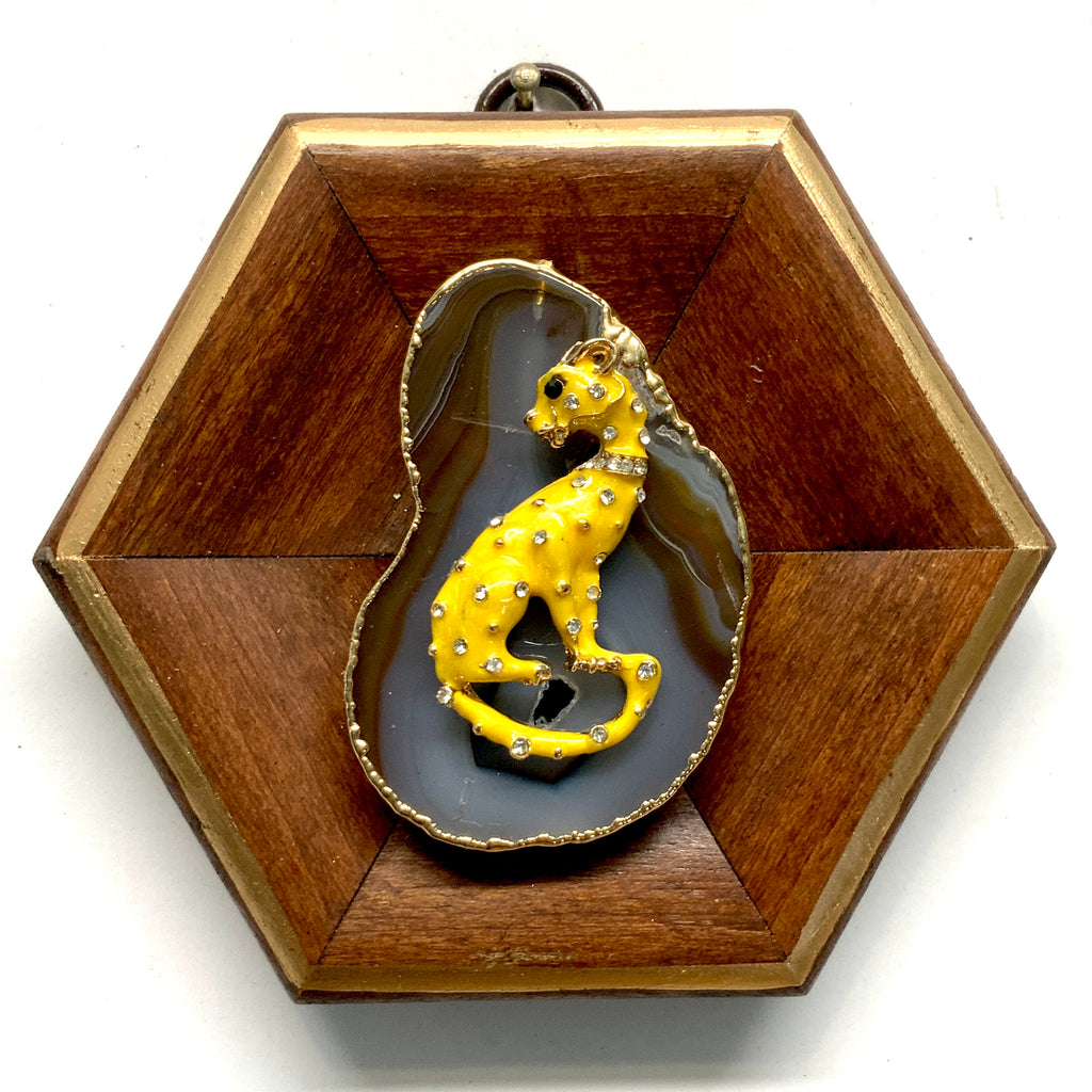 Wooden Frame with Enameled Panther on Agate (4 ” wide)