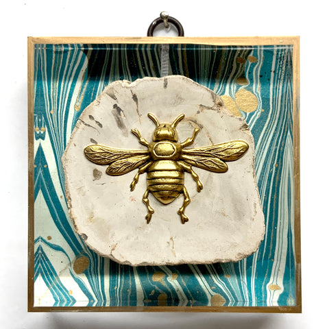 Acrylic Frame with Italian Bee and Petrified Wood on Marbled Paper / Slight Imperfections (4