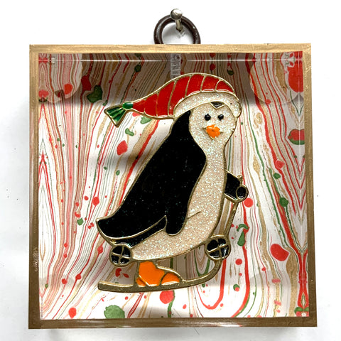 Acrylic Frame with Christmas Penguin on Marbled Paper / Slight Imperfections (3