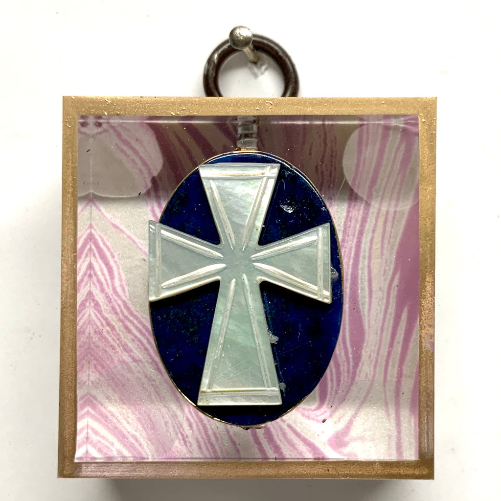 Acrylic Frame with Cross and Lapis on Marbled Paper / Slight Imperfections (2