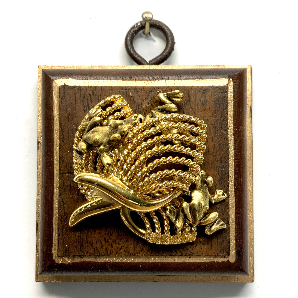 Mahogany Frame with Frogs on Brooch (2.5” wide)