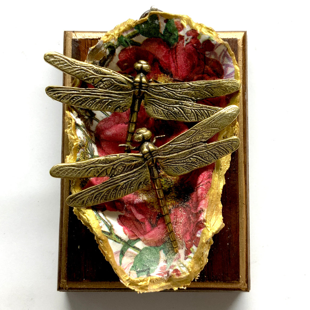 Wooden Frame with Dragonflies on Oyster Shell (3.25