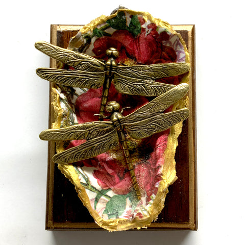Wooden Frame with Dragonflies on Oyster Shell (3.25
