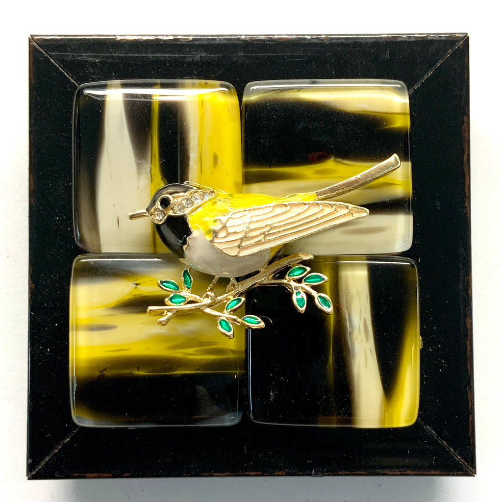 Modern Lacquered Frame with Enameled Bird on Decorative Squares (3” wide)