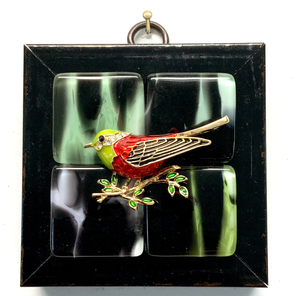 Modern Lacquered Frame with Enameled Bird on Decorative Squares (3” wide)