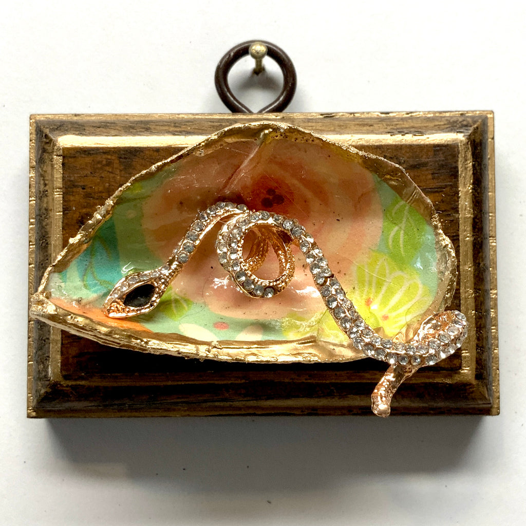 Mahogany Frame with Sparkle Snake on Oyster Shell (3.25” wide)