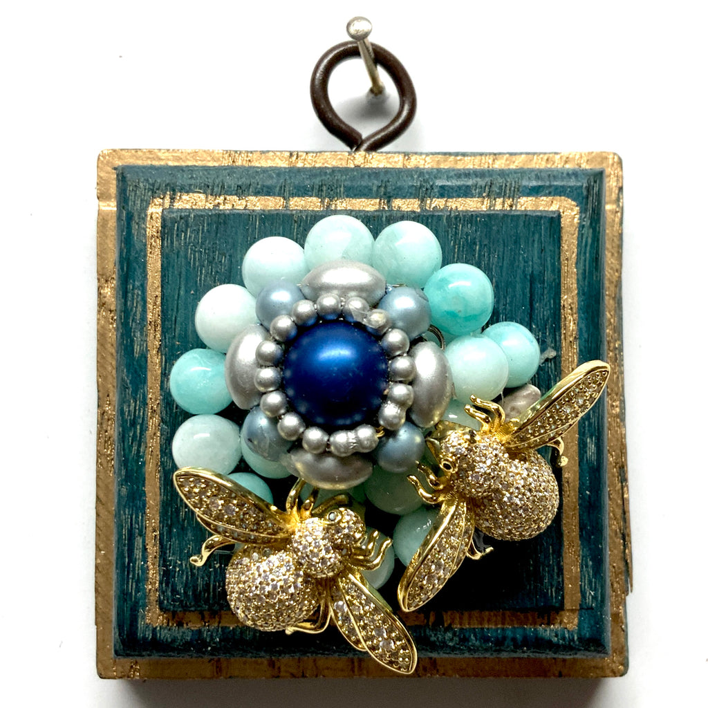 Blue Waxed Frame with Sparkle Bees on Necklace (2.75