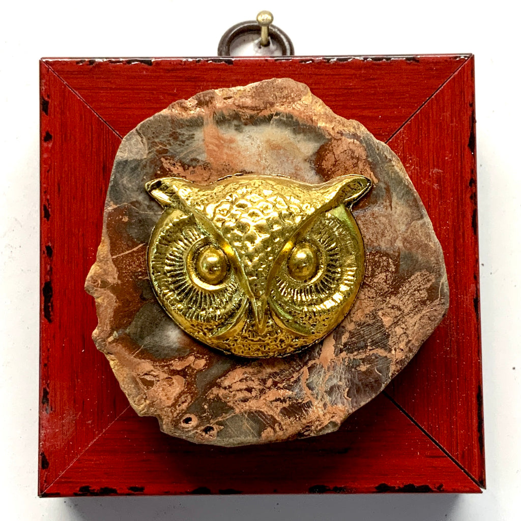 Modern Lacquered Frame with Owl on Petrified Wood Piece (3” wide)