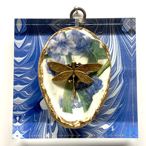 Marbled Paper under Lucite Acrylic Frame with Dragonfly on Oyster Shell / Slight Imperfections (3.75” wide)