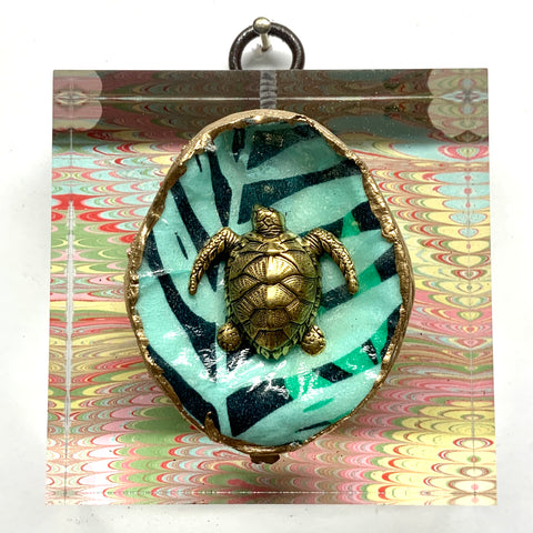 Marbled Paper under Lucite Acrylic Frame with Turtle on Oyster Shell / Slight Imperfections (2.75” wide)
